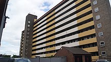 Luke Williams House. The Horsefair flats were designed by John Poulson and dominate the skyline in the east of the town Luke William House, Pontefract (23rd May 2020).jpg