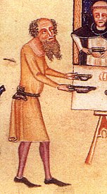 An illustration from between 1325-1335 showing an English man in a skirted garment