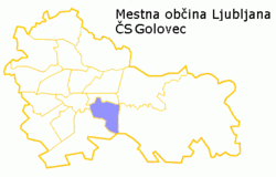 Карта на четврти во Љубљана. Четвртот Головец е обоен со сина боја.