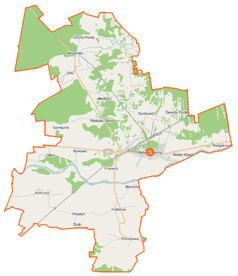 Mapa konturowa gminy Małkinia Górna, w centrum znajduje się punkt z opisem „Małkinia Górna”