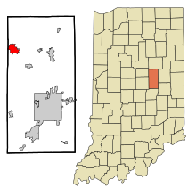 Madison County Indiana Sisältää ja rekisteröimättömät alueet Elwood Highlighted.svg