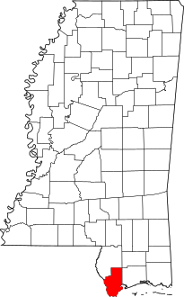 Map of Mississippi highlighting Hancock County.svg