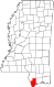 Harta statului Mississippi indicând comitatul Hancock