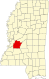 Harta statului Mississippi indicând comitatul Hinds