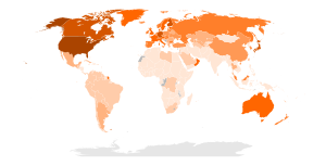 Ownership of televisions per capita in 2003. Darker colors indicate more televisions. Gray indicates no data. Map of television ownership.svg