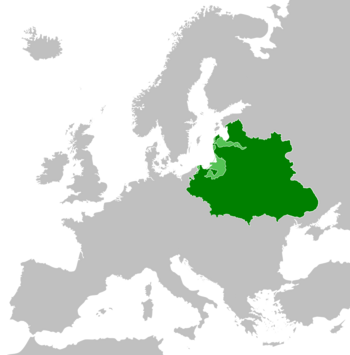 The Polish–Lithuanian Commonwealth (green) with vassal states (light green) at their peak in 1619