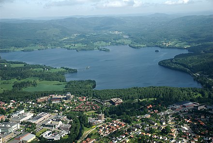 The wide forest/hills, Marka, begins immediately at the built up area. Maridalen lake and Marka beyond.