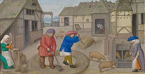 Threshing and pig feeding from a book of hours from the Workshop of the Master of James IV of Scotland (Flemish, c. 1541) MasterofJamesIVThreshing&PigFeeding.jpg