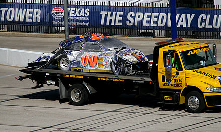 McDowell's car on the tow truck after the crash