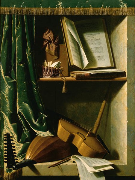 File:Michel Boyer - A Trompe L'oeil of a Lute, a Viol and a Recorder, with books of Music in a curtained stone Niche.jpg