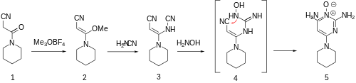 Minoxidil synthesis from J. Org. Chem. 1975, 40, 22, 3304-3306 Minoxidil synthesis 1.svg