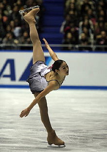 Nagasu performs an arabesque spiral during her short program to City Lights at the 2008 NHK Trophy.