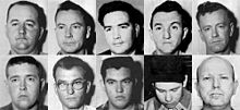 Members of the Mississippi branch of the Ku Klux Klan, a white supremacist terrorist group, who were charged with the conspiracy to murder three civil rights activists in 1964. 1st row: Cecil R. Price, Travis M. Barnette, Alton W. Roberts, Jimmy K. Arledge, Jimmy Snowden. 2nd Row: Jerry M. Sharpe, Billy W. Posey, Jimmy L. Townsend, Horace D. Barnette, James Jordan. Mississippi KKK Conspiracy Murders June 21 1964 Lynch Mob.jpg