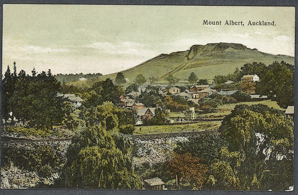 Ōwairaka / Mount Albert in a postcard, from around 1910.