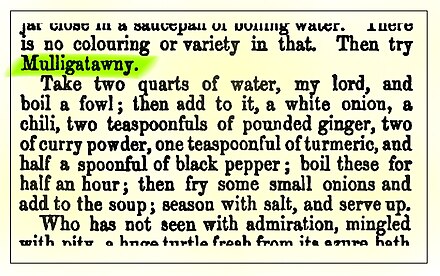 Mulligatawny recipe from Charles Dickens's weekly magazine All The Year Round, 22 August 1868 (page 249)