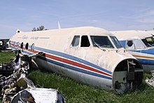 Remains of a Royale Airlines Grumman G-159 Gulfstream I fuselage stored at Rantoul, Kansas N719RA Grumman G.159 Gulfstream G.1 Royale Airlines (9134045319).jpg