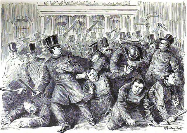 An 1887 illustration of New York City Municipal and Metropolitan policemen rioting and fighting each other in front of New York City Hall in 1857