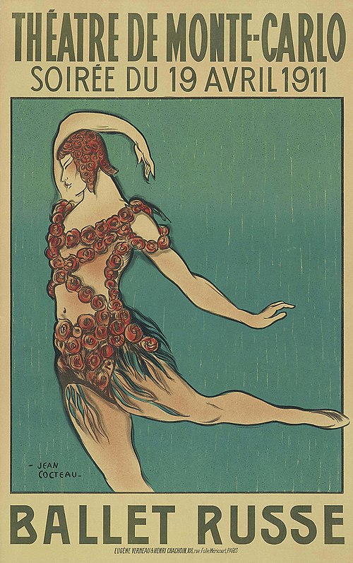 Poster by Jean Cocteau for the 1911 Ballet Russe season showing Nijinsky in costume for Le Spectre de la rose, Paris