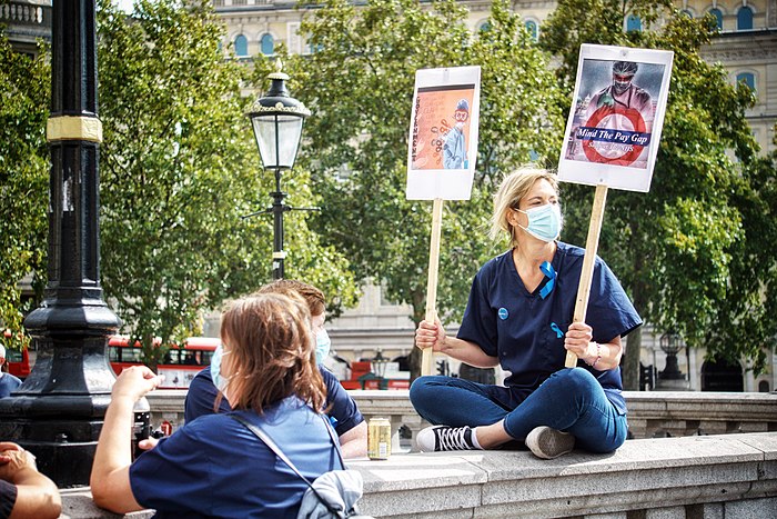 Nurses protesting at the Nurses' Protest at Trafalgar Square, UK on Saturday 12 September 2020