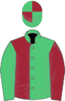 Emerald green and maroon (halved), sleeves reversed, emerald green and maroon quartered cap