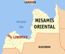 Mapa ng Misamis Oriental na nagpapakita sa lokasyon ng Libertad.