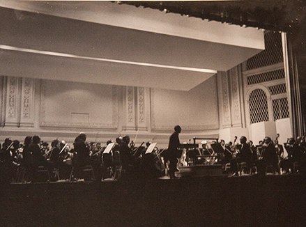 Benjamin Steinberg conducting the premiere concert of the US's first racially integrated orchestra, the Symphony of the New World at Carnegie Hall on May 6, 1965.