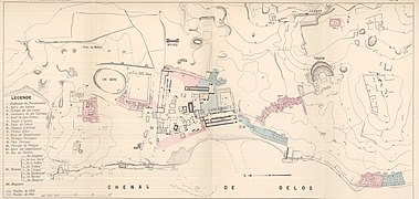 Plan des fouilles de Délos. L'agora des Compétaliastes, au centre, porte le numéro XIV.