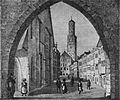 A. Podesta nach F. Lang: Sammelbild Ravensburg, Lithograph, um 1860, Detail: Blick durch das Frauentor in die Kirchgasse (Kirchstraße)