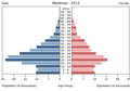 English: The population pyramid of the Maldives illustrates the age and sex structure of population and may provide insights about political and social stability, as well as economic development. The population is distributed along the horizontal axis, with males shown on the left and females on the right. The male and female populations are broken down into 5-year age groups represented as horizontal bars along the vertical axis, with the youngest age groups at the bottom and the oldest at the top. The shape of the population pyramid gradually evolves over time based on fertility, mortality, and international migration trends. Українська: Віково-статева піраміда населення Мальдівів за 2013 рік. Вона дає наочне уявлення про вікову і статеву структура населення країни, може слугувати джерелом інформації про політичну і соціальну стабільність, економічний розвиток. Блакитними кольорами ліворуч, у вигляді горизонтальних смуг показані вікові групи (з кроком 5 років кожна) чоловічої статі, праворуч рожевими — жіночої. Наймолодші вікові групи — внизу, найстаріші — вгорі. Форма піраміди поступово еволюціонує з плином часу під впливом чинників народжуваності, смертності і світової міграції.