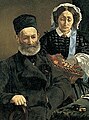 『オーギュスト・マネ夫妻の肖像（フランス語版）』1860年。油彩、キャンバス、135 × 115 cm。オルセー美術館[32]。1861年サロン入選[31]。