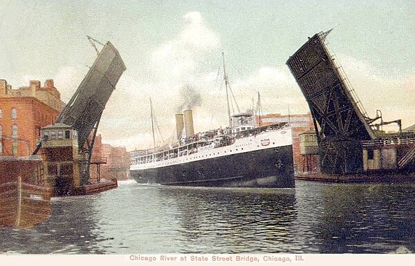 The SS Eastland under the State Street Bridge in Chicago