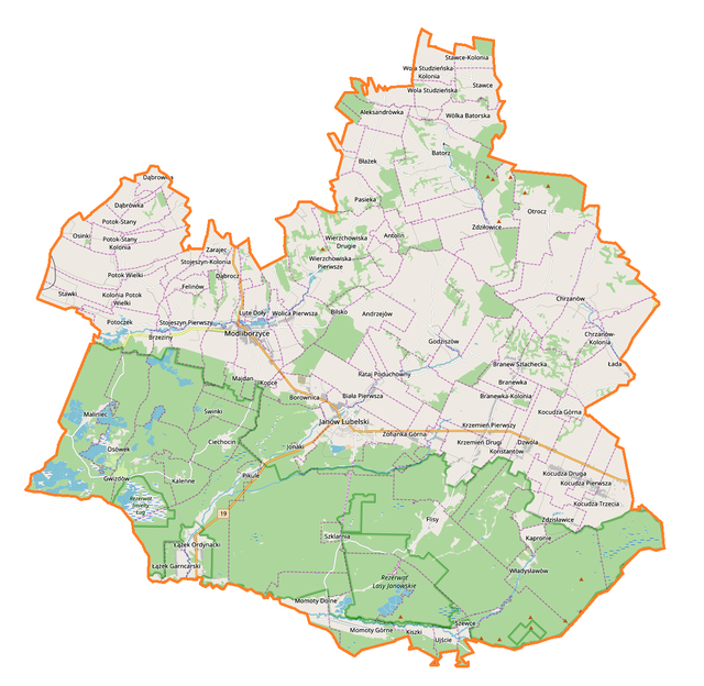 Mapa konturowa powiatu janowskiego, blisko centrum na dole znajduje się punkt z opisem „Janów Lubelski”