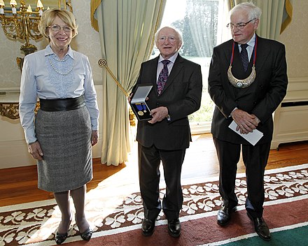 Higgins received the Order of Clans of Ireland in April 2012. Also pictured are Sabina Higgins (left) and Dr. Michael J. Egan, Chairman of Clans of Ireland (right)