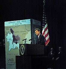 Kennedy speaking in a televised press conference on the situation in Southeast Asia, c. March 23, 1961 Press Conference, State Department Auditorium, JFKWHP-ST-C100-1-61.jpg