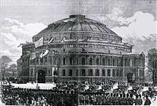 The Hall at the opening ceremony, seen from Kensington Gardens RAH Opening 1871 ILN.jpg