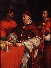 Portret van paus Leo X met toekomstige paus Clemens VII en kardinaal Luigi de' Rossi