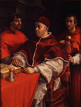 Raffaello Sanzio - Ritratto di Leone X coi cardinali Giulio de' Medici e Luigi de' Rossi - Google Art Project.jpg
