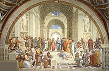 Fresco of an arched space in which many people in classical costume are gathered in groups. The scene is dominated by two philosophers, one of whom, Plato, is elderly and has a long white beard. He points dramatically to the Heavens. A gloomy figure in the foreground sits leaning on a block of marble.