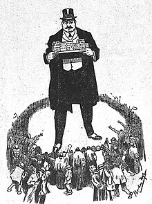 Political cartoon in Louis Miller's newspaper Di Varhayt - "How the landlord pictures himself in the great rent war." Rent strike Nye 1908.jpg