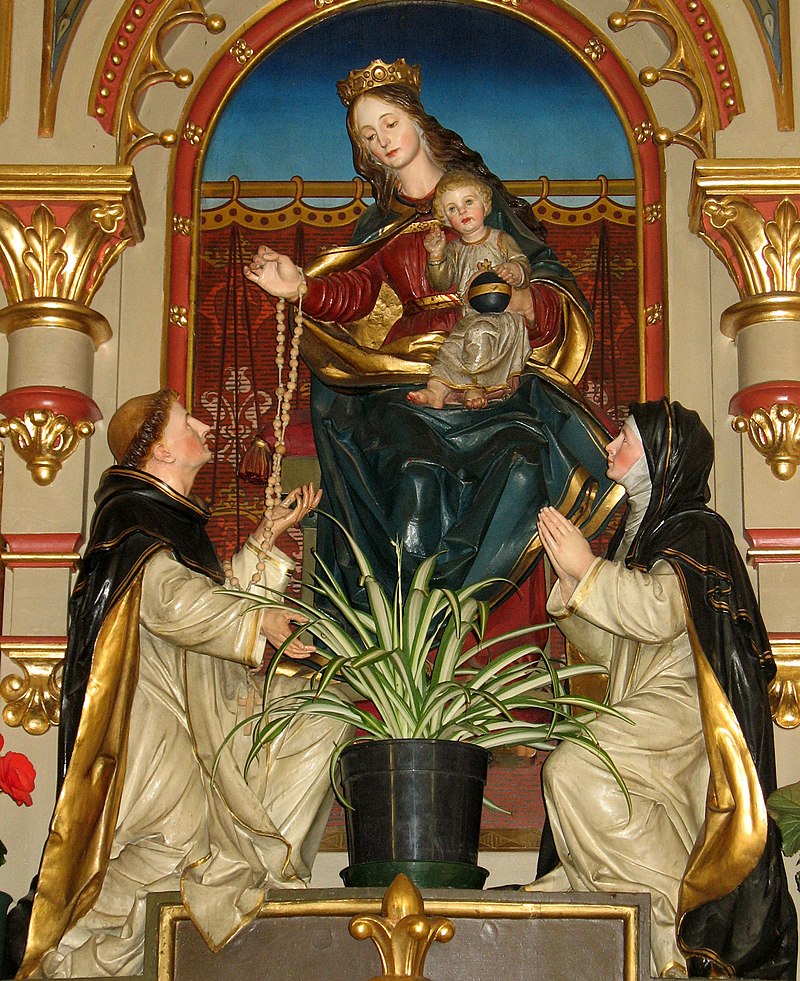 Notre-Dame du Rosaire donnant un chapelet à saint Dominique en présence de Catherine de Sienne Franz Tavella, 1905, Atzwang (Renon), Tyrol.