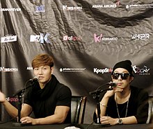 Kim Jong-kook and Haha at press conference, Dallas, December 14, 2014 Running Man Brothers press conference.jpg