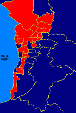 Metro SA: ALP in red, Liberal in blue. These boundaries are based on the 2006 electoral redistribution. Sametro97.png