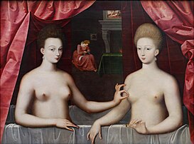 Gabrielle d'Estrées et une de ses sœurs, tableau d'un auteur inconnu de l'École de Fontainebleau (vers 1594, musée du Louvre). (définition réelle 4 662 × 3 446)