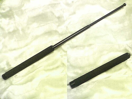 This telescopic steel security baton is sold to the public in Japan (2009).