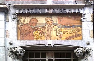 Sgraffito at the Lambert Sevart weapons factory, in Liege (Belgium) (early 20th century). Sgraffite marchand d' Armes.jpg