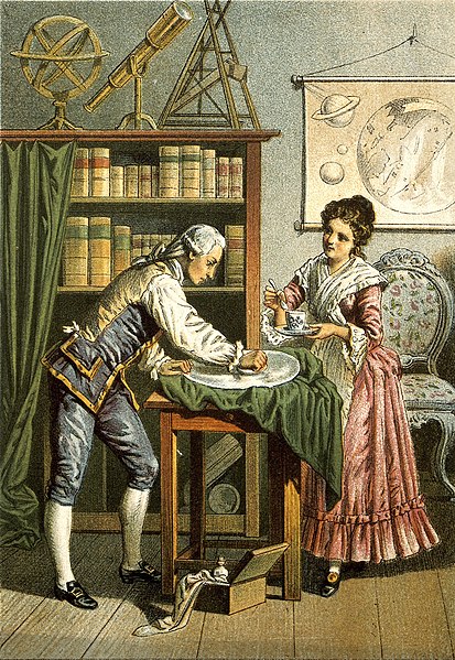 Caroline Herschel giving tea to her brother William polishing a telescope mirror, 1896 Lithograph