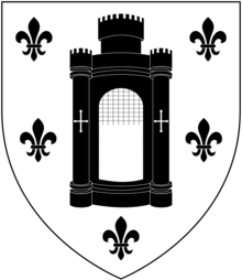 Arms of Somaster: Argent, a castle triple-towered within an orle of fleurs-de-lys sable. SomasterArms.png