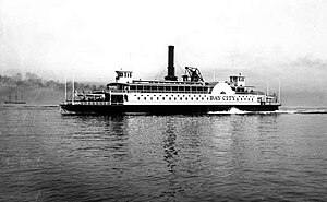 The Southern Pacific Company's Bay City ferry plies the waters of San Francisco Bay in the late 19th century. Southern Pacific Bay City ferry circa 1885.jpg