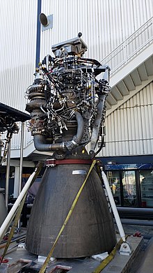 A rocket engine with nozzle and intricate plumbing