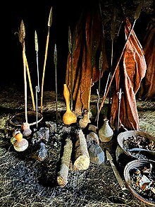 Spears, calabashes, and bark cloth at Kiwumulo Cave Spears, calabashes, and bark cloth at Kiwumulo Cave.jpg